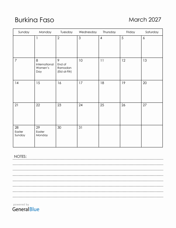 March 2027 Burkina Faso Calendar with Holidays (Sunday Start)