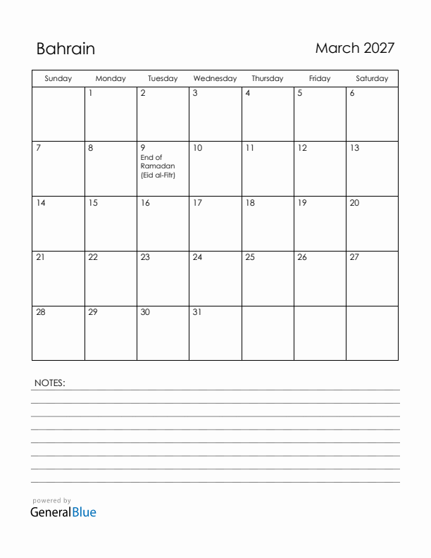 March 2027 Bahrain Calendar with Holidays (Sunday Start)