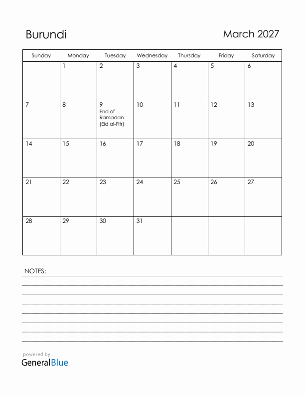 March 2027 Burundi Calendar with Holidays (Sunday Start)