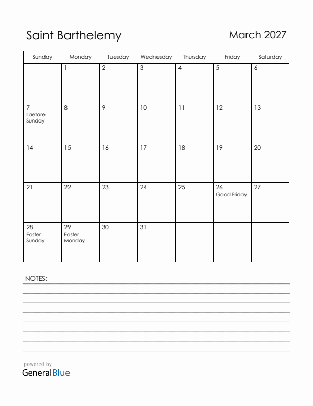 March 2027 Saint Barthelemy Calendar with Holidays (Sunday Start)