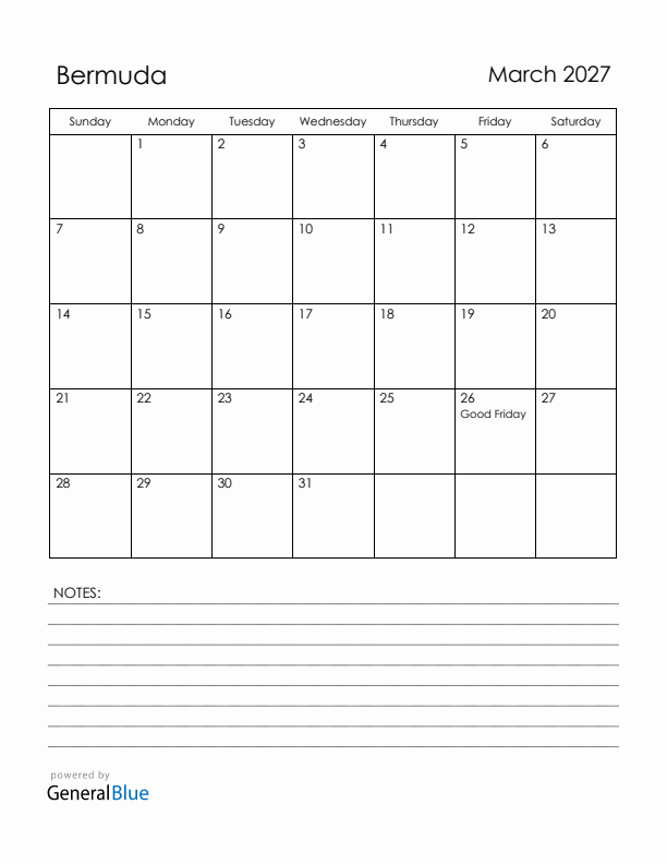 March 2027 Bermuda Calendar with Holidays (Sunday Start)