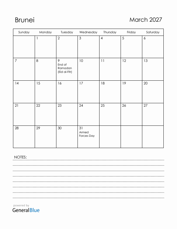 March 2027 Brunei Calendar with Holidays (Sunday Start)