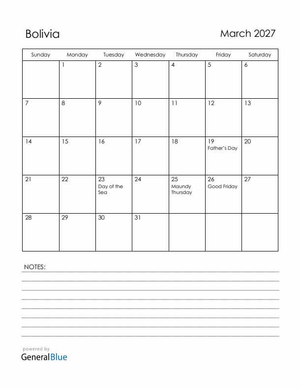 March 2027 Bolivia Calendar with Holidays (Sunday Start)