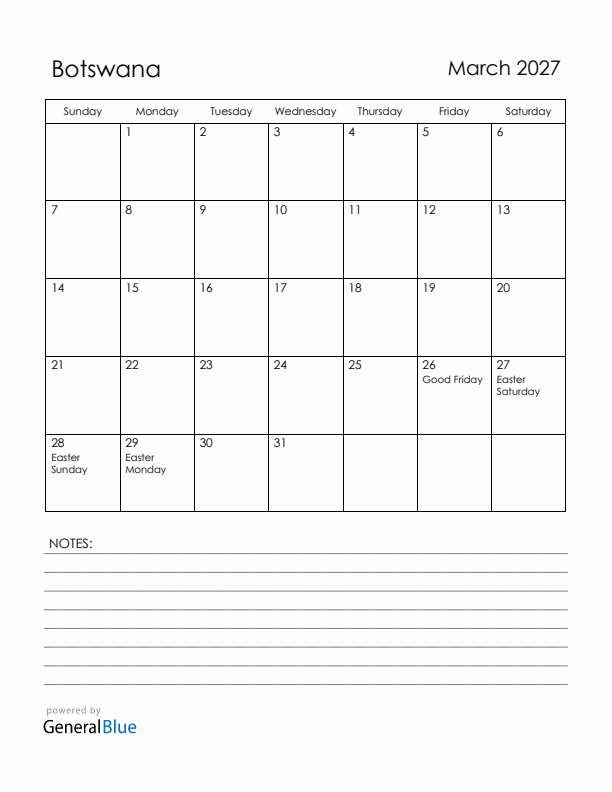 March 2027 Botswana Calendar with Holidays (Sunday Start)