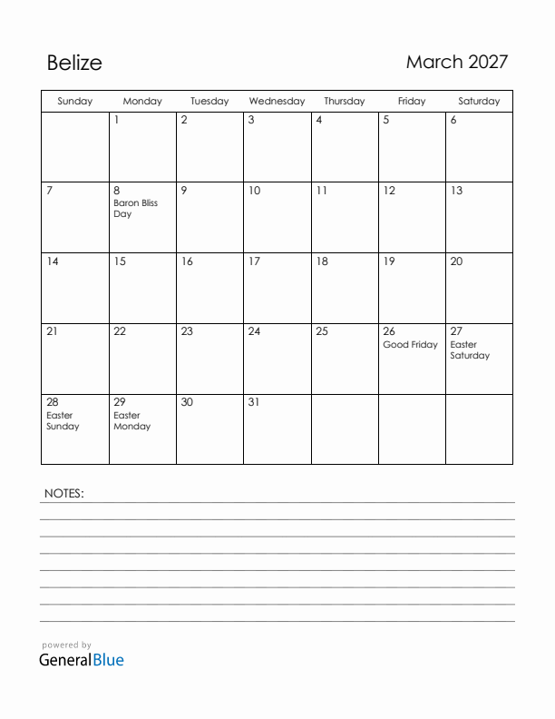 March 2027 Belize Calendar with Holidays (Sunday Start)