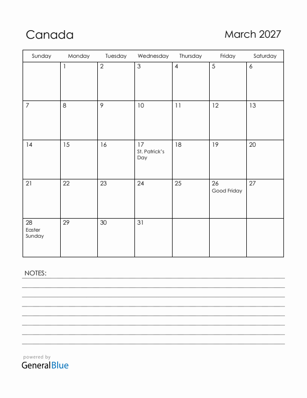 March 2027 Canada Calendar with Holidays (Sunday Start)