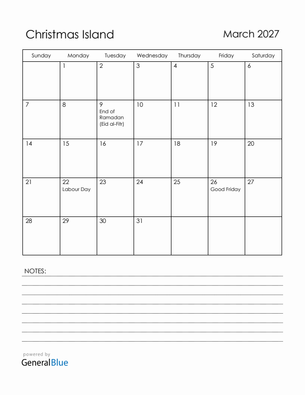 March 2027 Christmas Island Calendar with Holidays (Sunday Start)