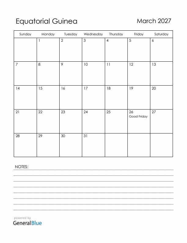 March 2027 Equatorial Guinea Calendar with Holidays (Sunday Start)