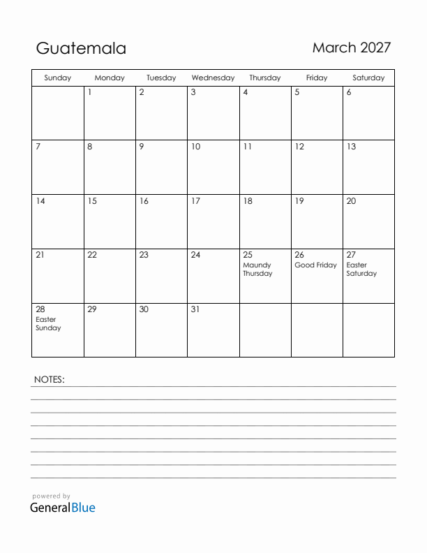 March 2027 Guatemala Calendar with Holidays (Sunday Start)