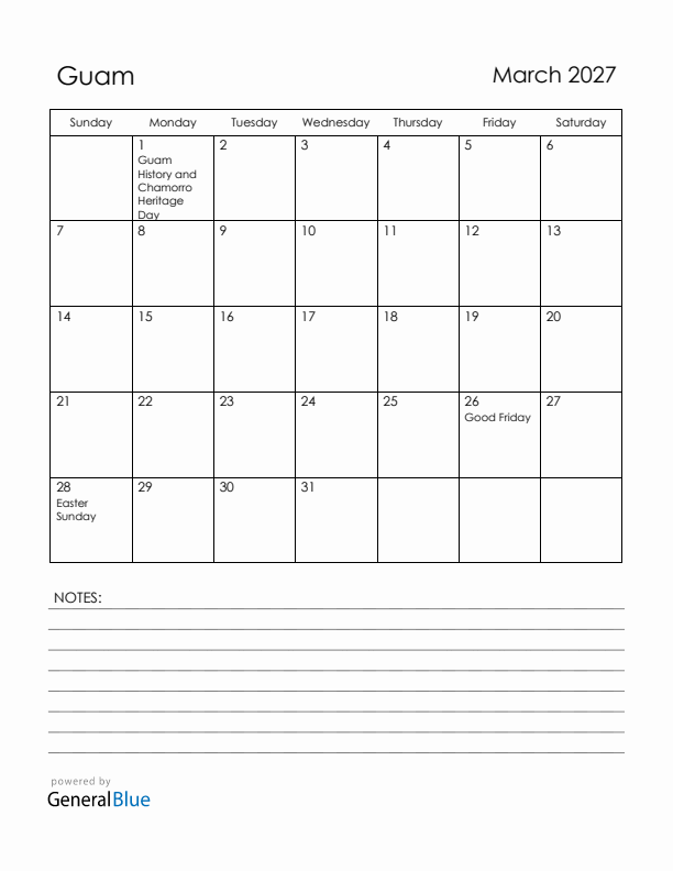 March 2027 Guam Calendar with Holidays (Sunday Start)