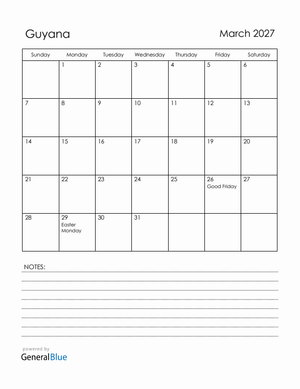 March 2027 Guyana Calendar with Holidays (Sunday Start)