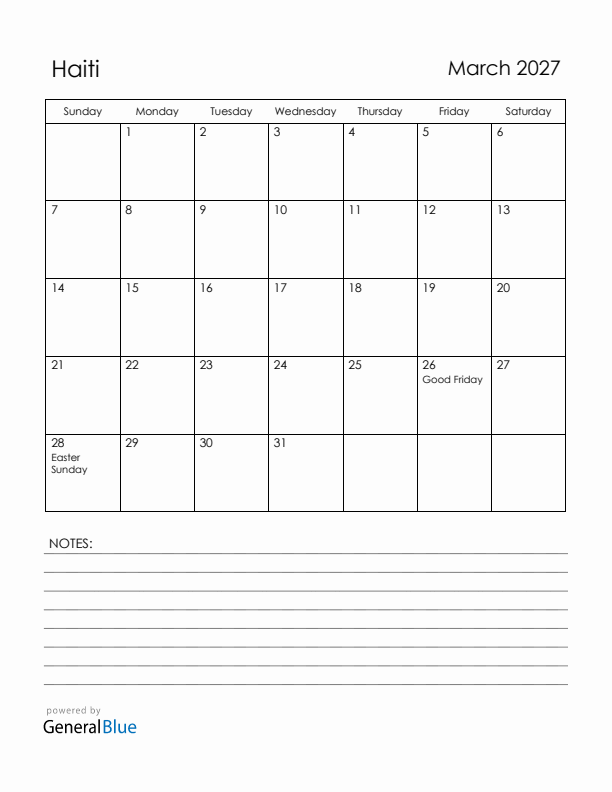 March 2027 Haiti Calendar with Holidays (Sunday Start)