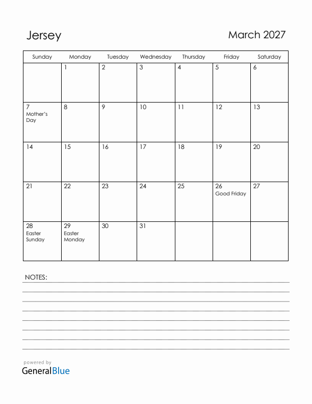March 2027 Jersey Calendar with Holidays (Sunday Start)