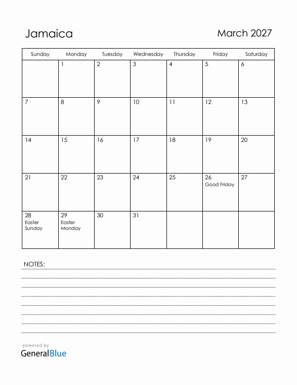 March 2027 Jamaica Calendar with Holidays (Sunday Start)