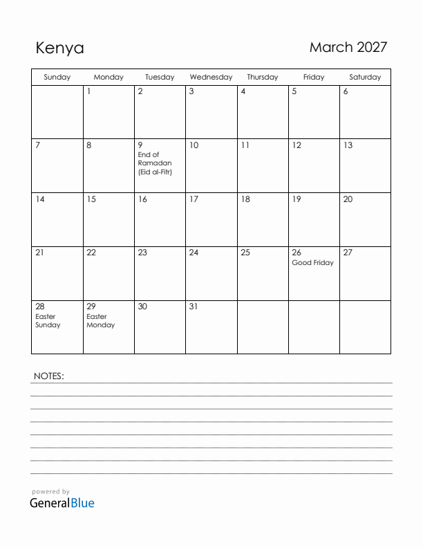 March 2027 Kenya Calendar with Holidays (Sunday Start)