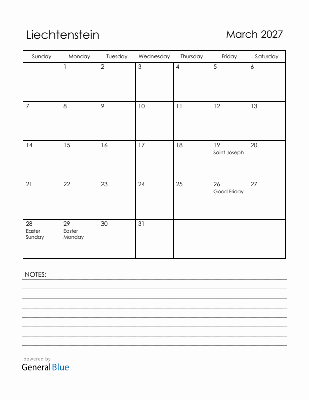 March 2027 Liechtenstein Calendar with Holidays (Sunday Start)