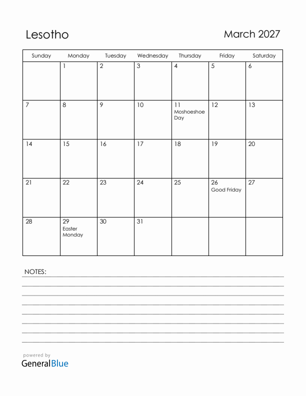 March 2027 Lesotho Calendar with Holidays (Sunday Start)