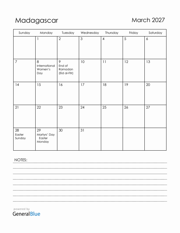March 2027 Madagascar Calendar with Holidays (Sunday Start)