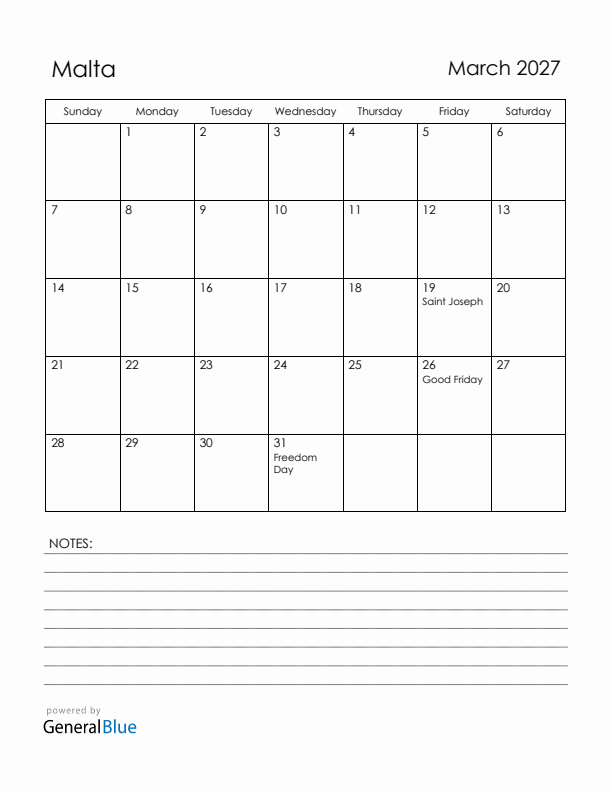 March 2027 Malta Calendar with Holidays (Sunday Start)