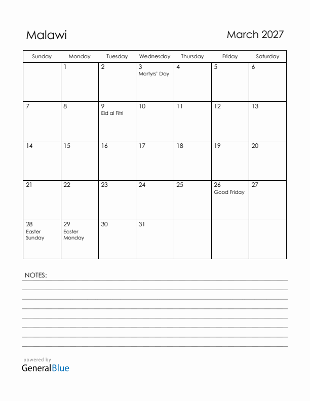 March 2027 Malawi Calendar with Holidays (Sunday Start)