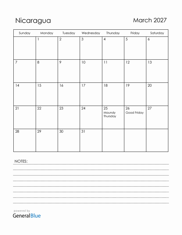 March 2027 Nicaragua Calendar with Holidays (Sunday Start)