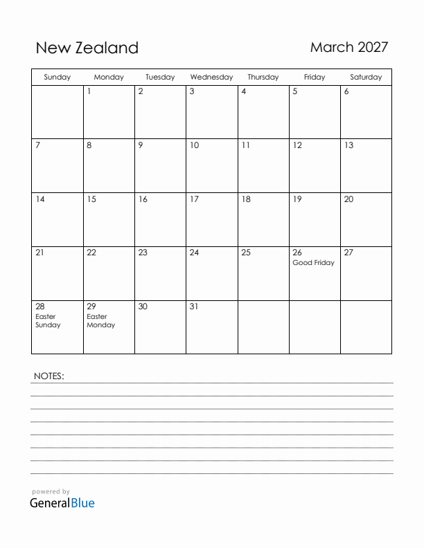 March 2027 New Zealand Calendar with Holidays (Sunday Start)