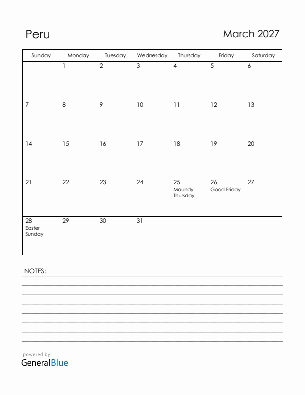 March 2027 Peru Calendar with Holidays (Sunday Start)