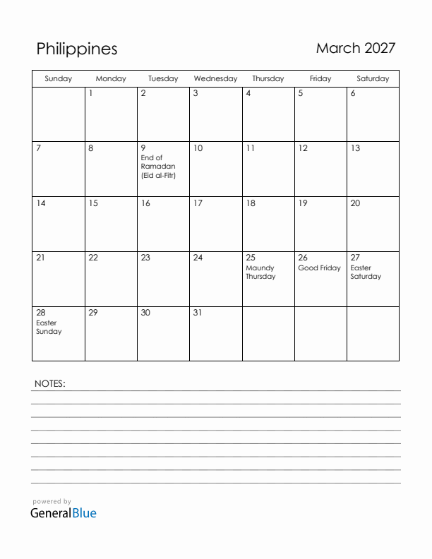 March 2027 Philippines Calendar with Holidays (Sunday Start)