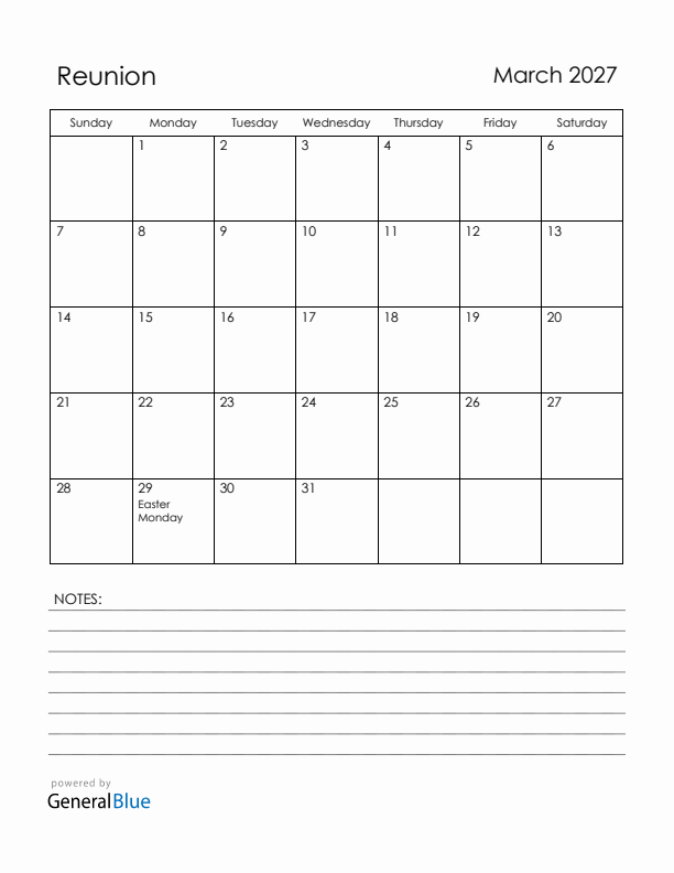 March 2027 Reunion Calendar with Holidays (Sunday Start)