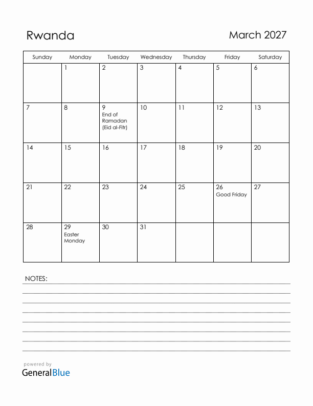 March 2027 Rwanda Calendar with Holidays (Sunday Start)