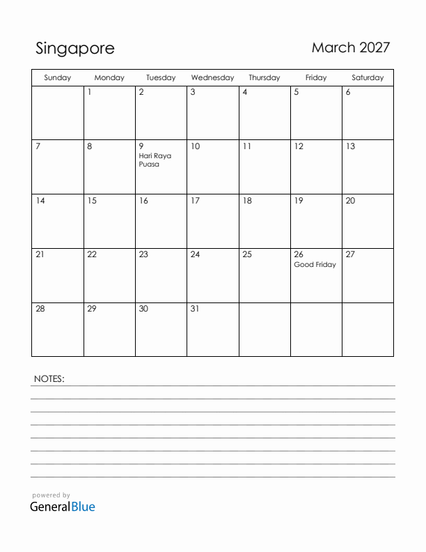 March 2027 Singapore Calendar with Holidays (Sunday Start)