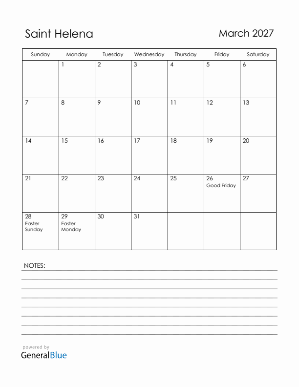 March 2027 Saint Helena Calendar with Holidays (Sunday Start)