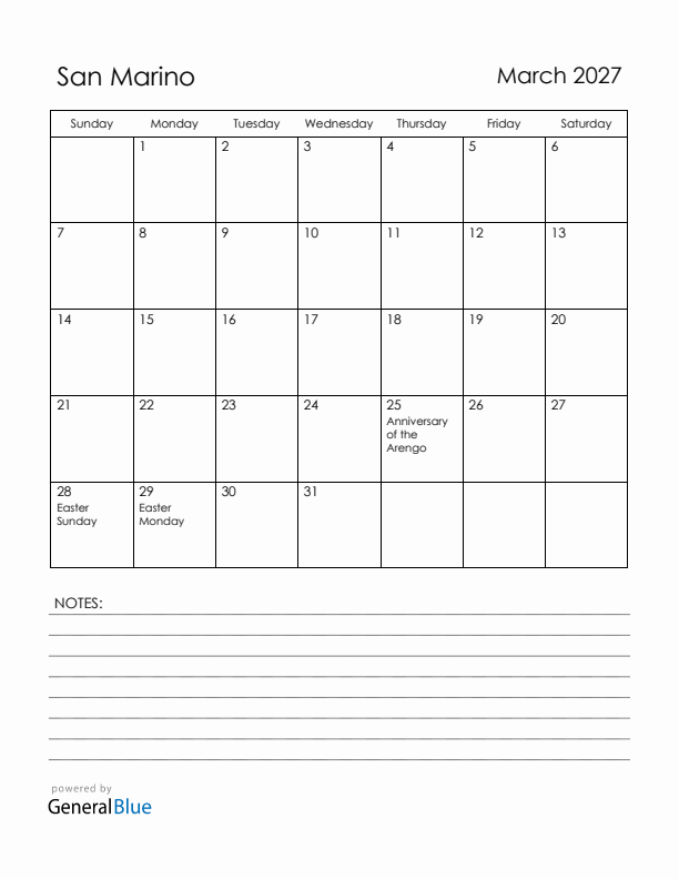 March 2027 San Marino Calendar with Holidays (Sunday Start)
