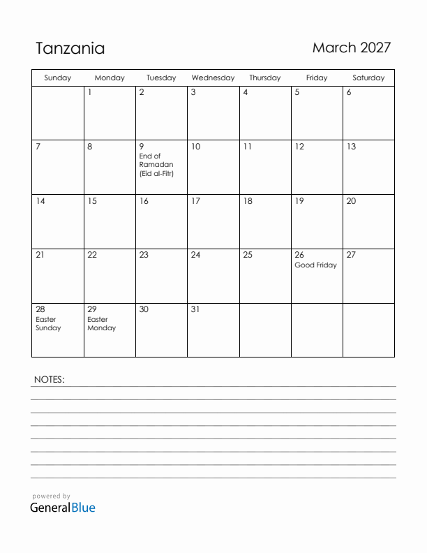 March 2027 Tanzania Calendar with Holidays (Sunday Start)