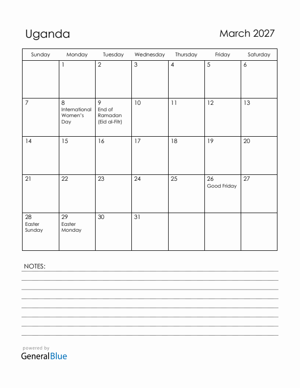 March 2027 Uganda Calendar with Holidays (Sunday Start)