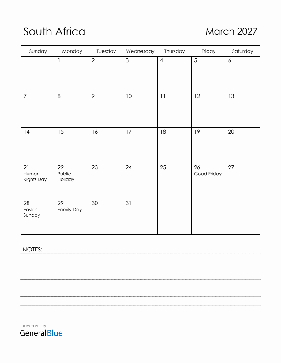 March 2027 South Africa Calendar With Holidays