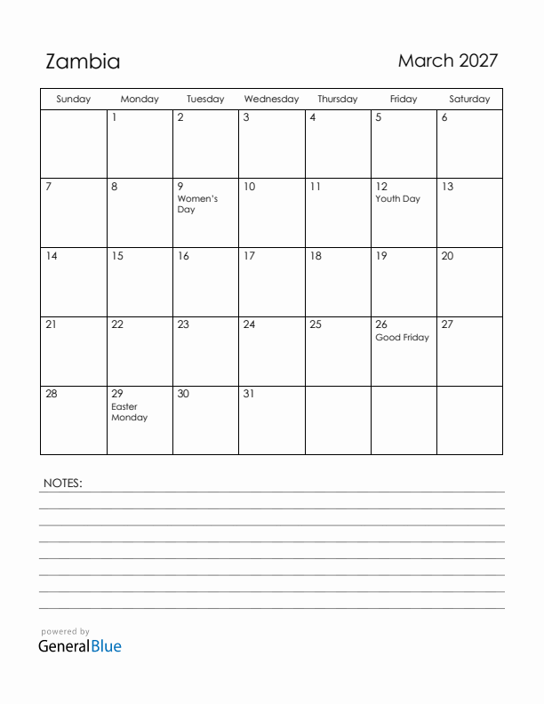 March 2027 Zambia Calendar with Holidays (Sunday Start)