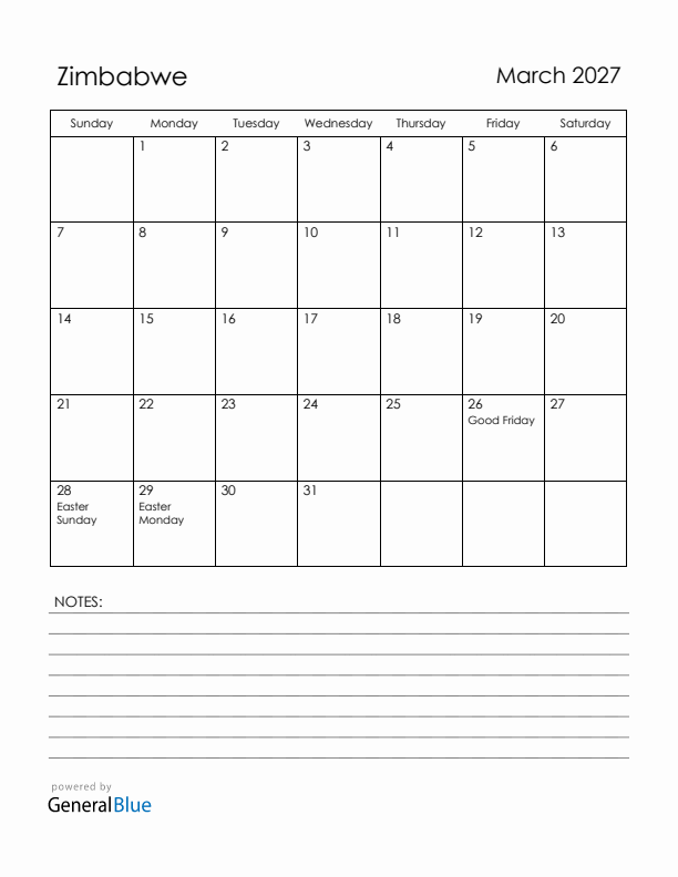 March 2027 Zimbabwe Calendar with Holidays (Sunday Start)