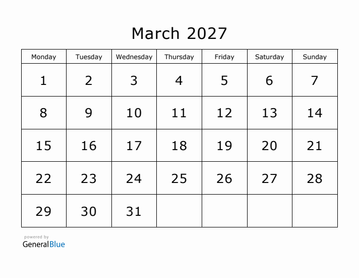 Printable March 2027 Calendar - Monday Start