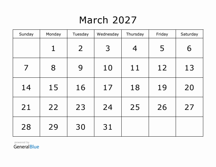 Printable March 2027 Calendar - Sunday Start