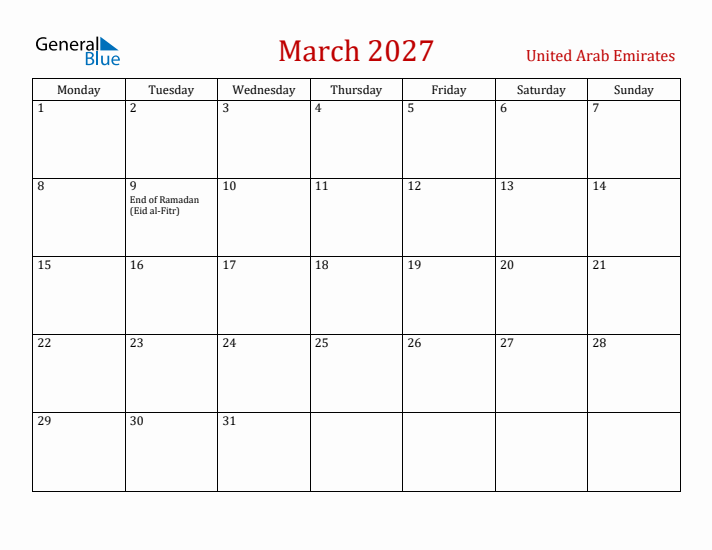 United Arab Emirates March 2027 Calendar - Monday Start