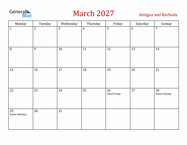 Antigua and Barbuda March 2027 Calendar - Monday Start