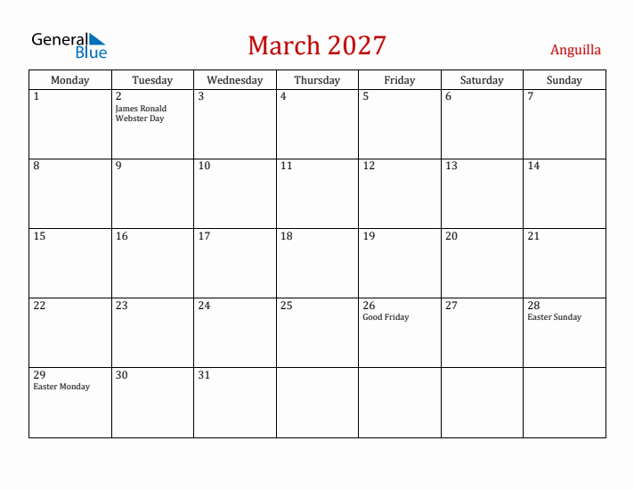 Anguilla March 2027 Calendar - Monday Start