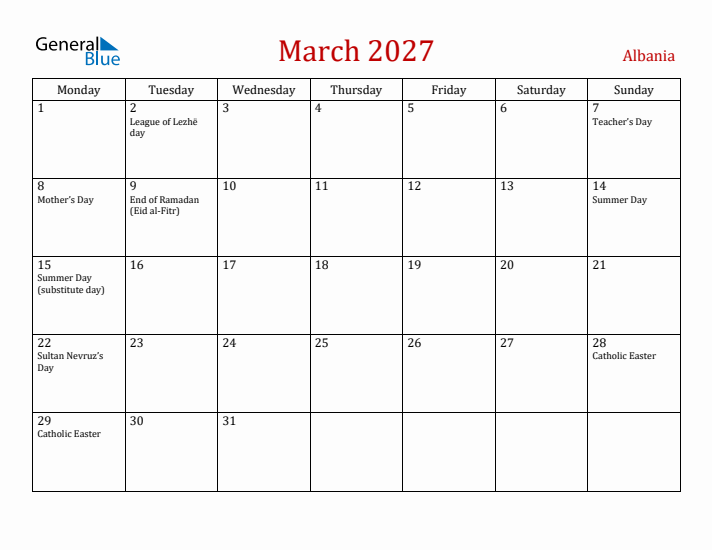 Albania March 2027 Calendar - Monday Start