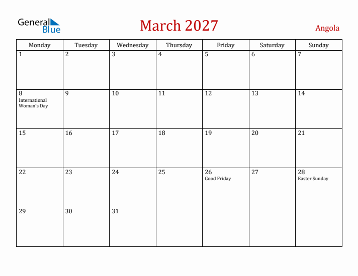 Angola March 2027 Calendar - Monday Start