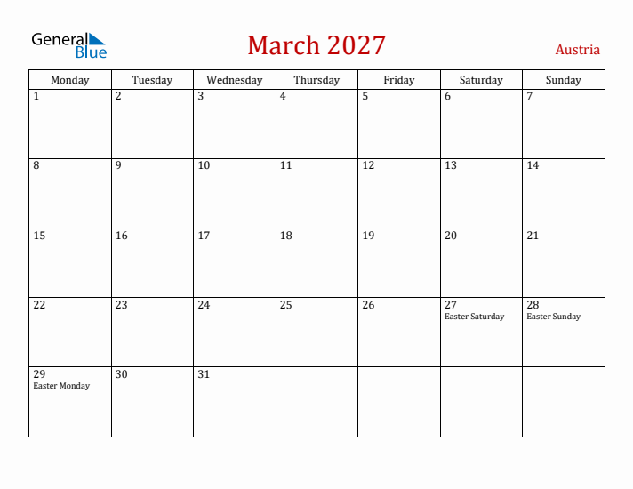 Austria March 2027 Calendar - Monday Start
