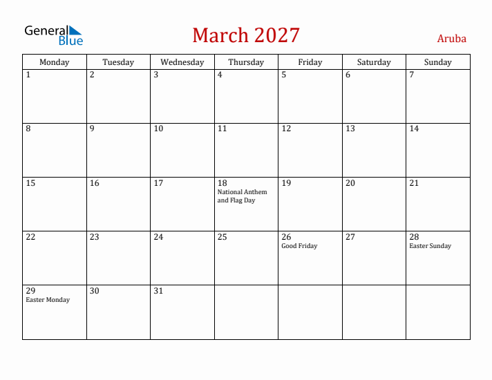 Aruba March 2027 Calendar - Monday Start