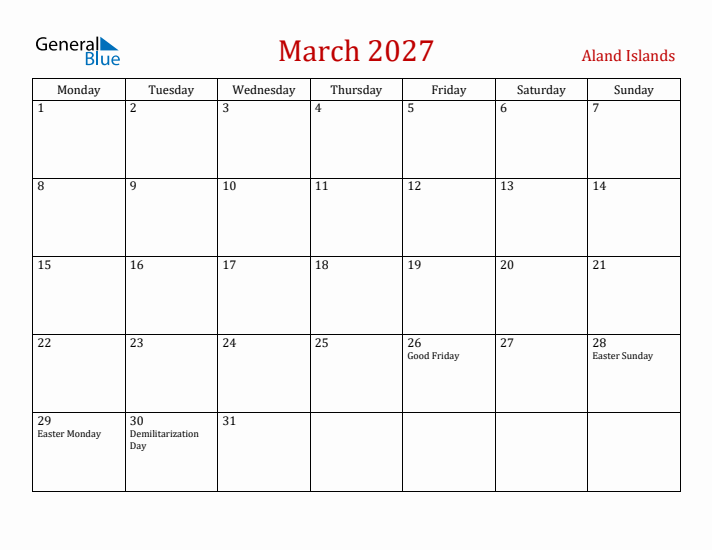 Aland Islands March 2027 Calendar - Monday Start