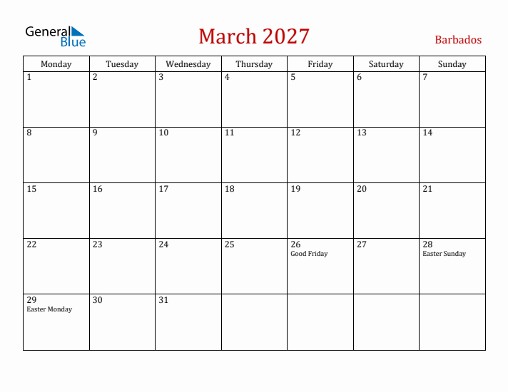Barbados March 2027 Calendar - Monday Start