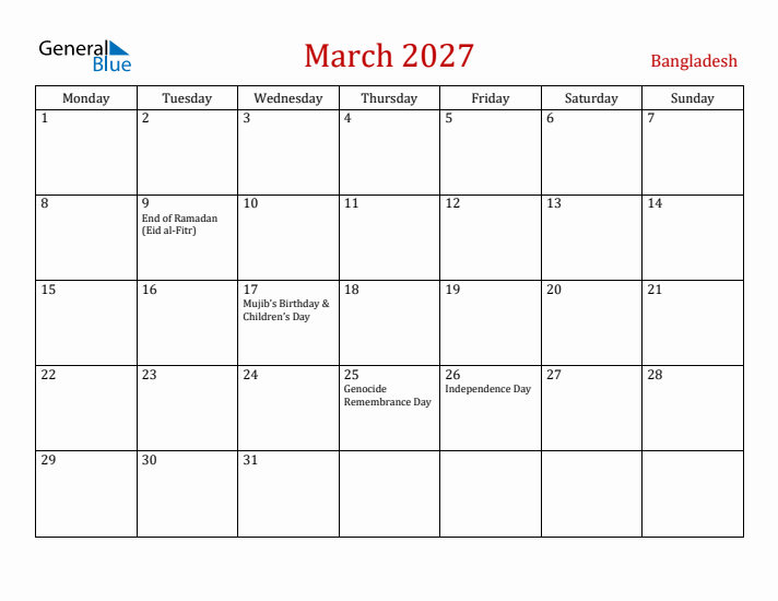 Bangladesh March 2027 Calendar - Monday Start